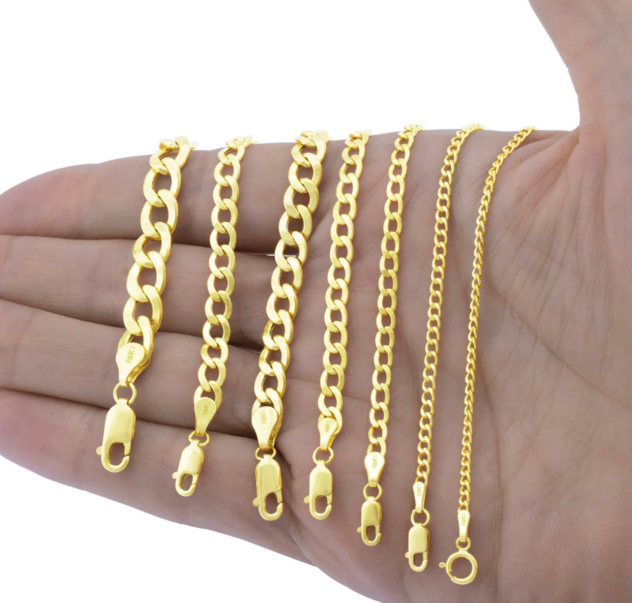 10K Yellow Gold 2mm-7mm Curb Cuban Chain Link Pendant Necklace Bracelet, 7"-30"