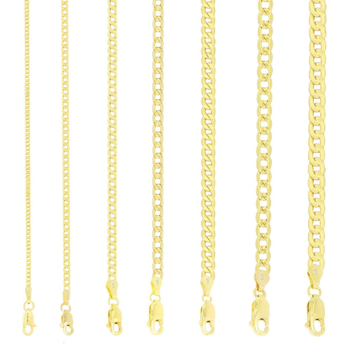 10K Yellow Gold 2mm-7mm Curb Cuban Chain Link Pendant Necklace Bracelet, 7"-30"