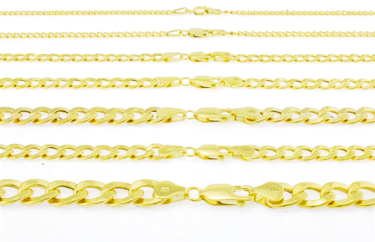 10K Yellow Gold 2mm-7mm Curb Cuban Chain Link Pendant Necklace Bracelet, 7"-30"