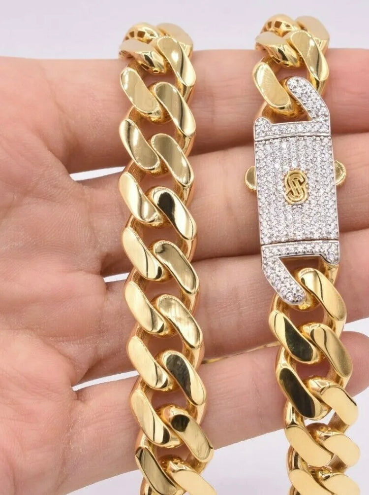 Mens Miami Cuban Link Breathable Chain Necklace Box Clasp Real 14K Yellow Gold 13mm