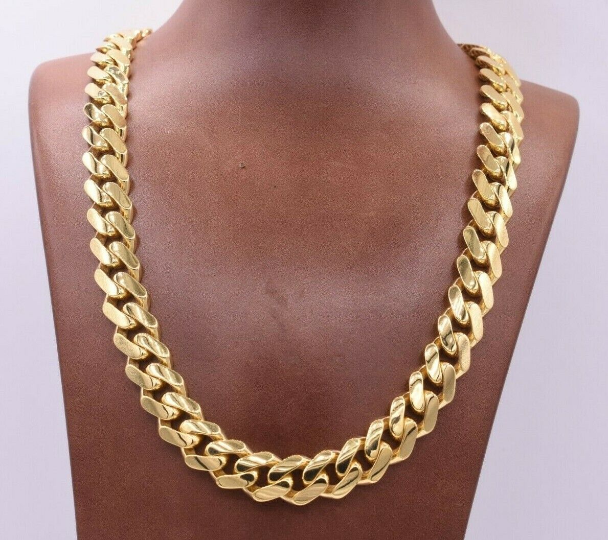 Mens Miami Cuban Link Breathable Chain Necklace Box Clasp Real 14K Yellow Gold 13mm