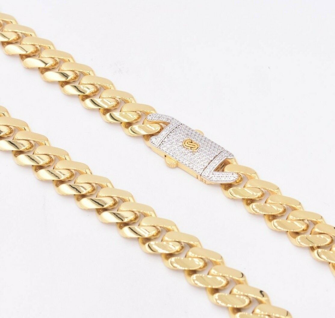 Mens Miami Cuban Link Breathable Chain Necklace Box Clasp Real 14K Yellow Gold 13mm