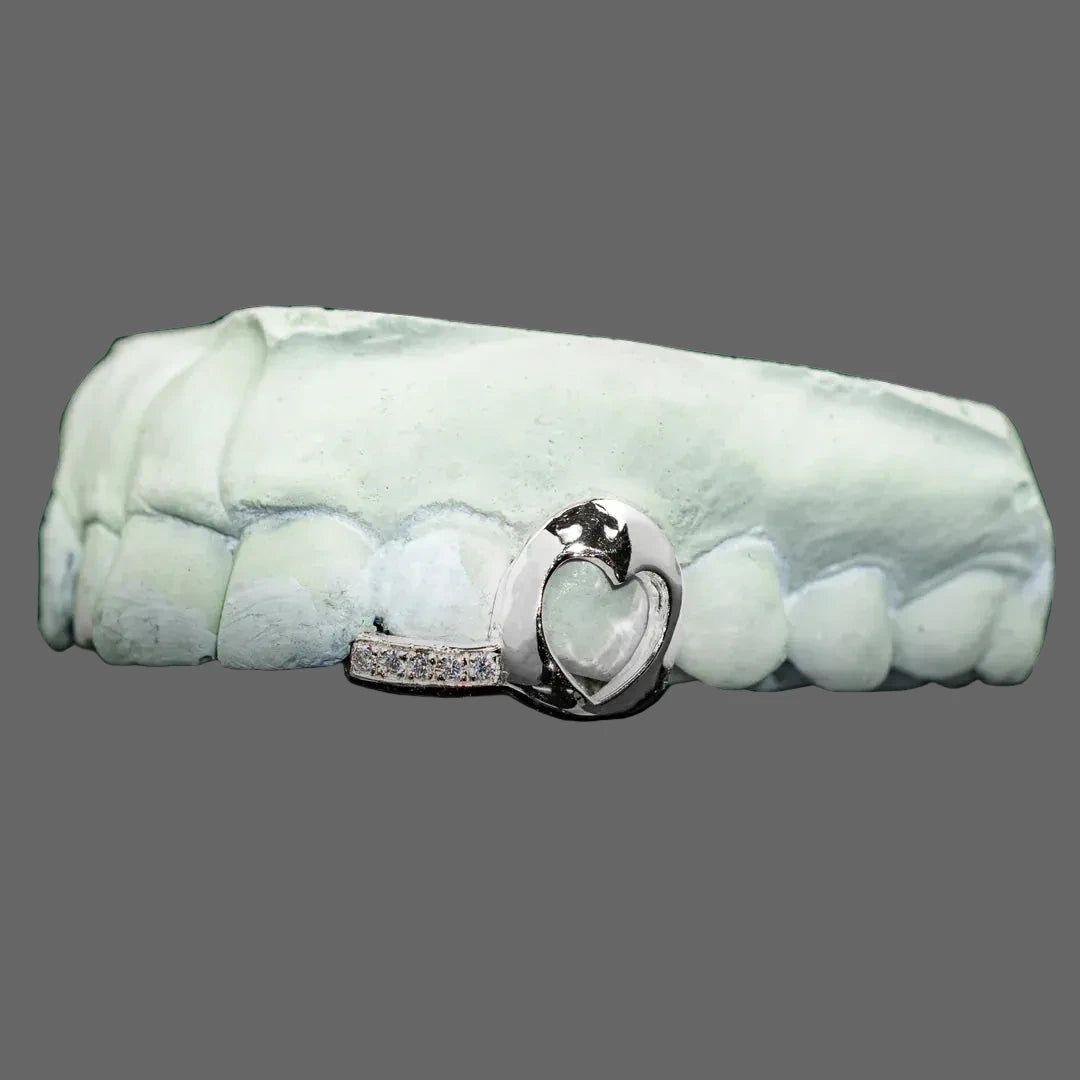 OPEN FACE HEART WITH ICED OUT TIP DOUBLE CAP GRILLZ ,Dental gold or silver .925
