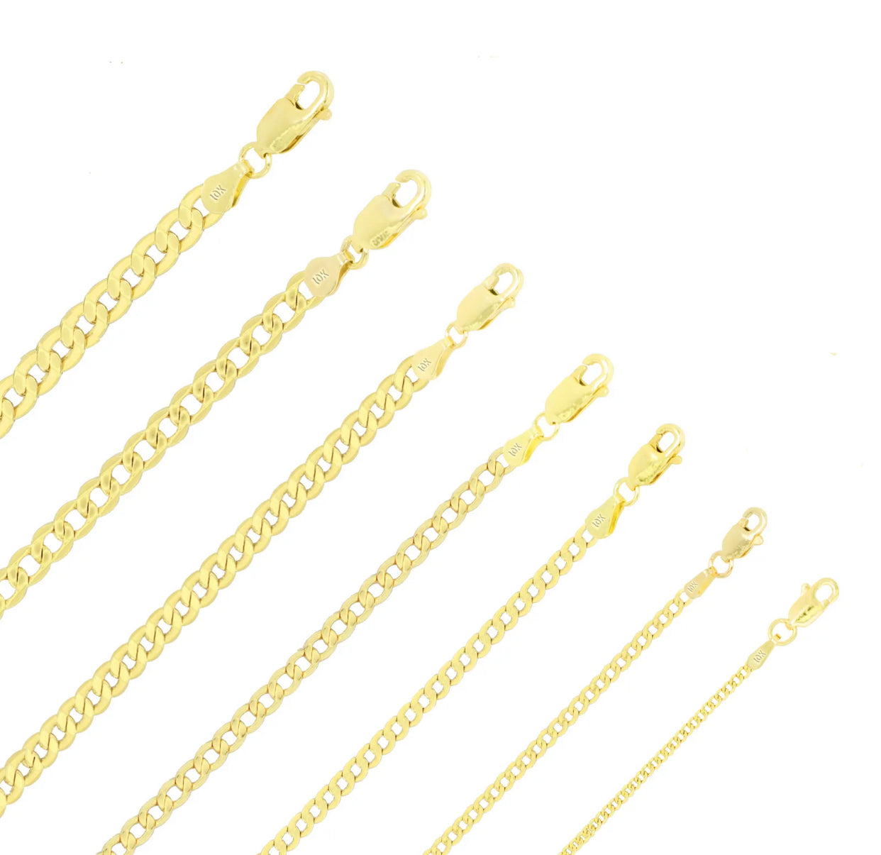 10K Yellow Gold 2mm-7mm Curb Cuban Chain Link Pendant Necklace Bracelet, 7"-30"